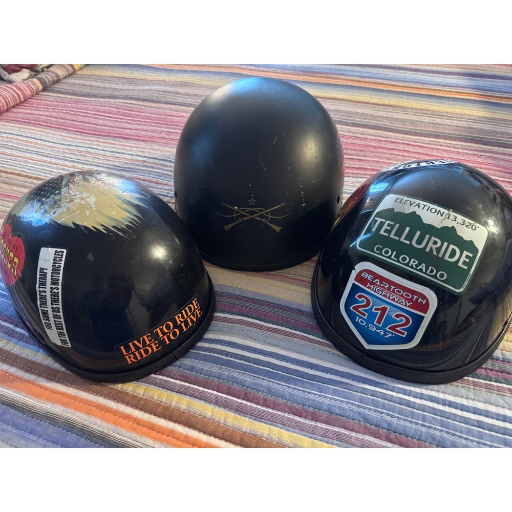 Vtg Motorcycle Half Helmets Man Cave Decor Lot of 3 Black Biker Novelty Stickers